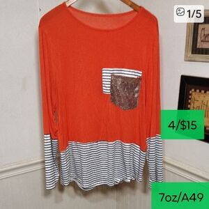 Orange Stripe Pocket Long-Sleeve Women's Blouse